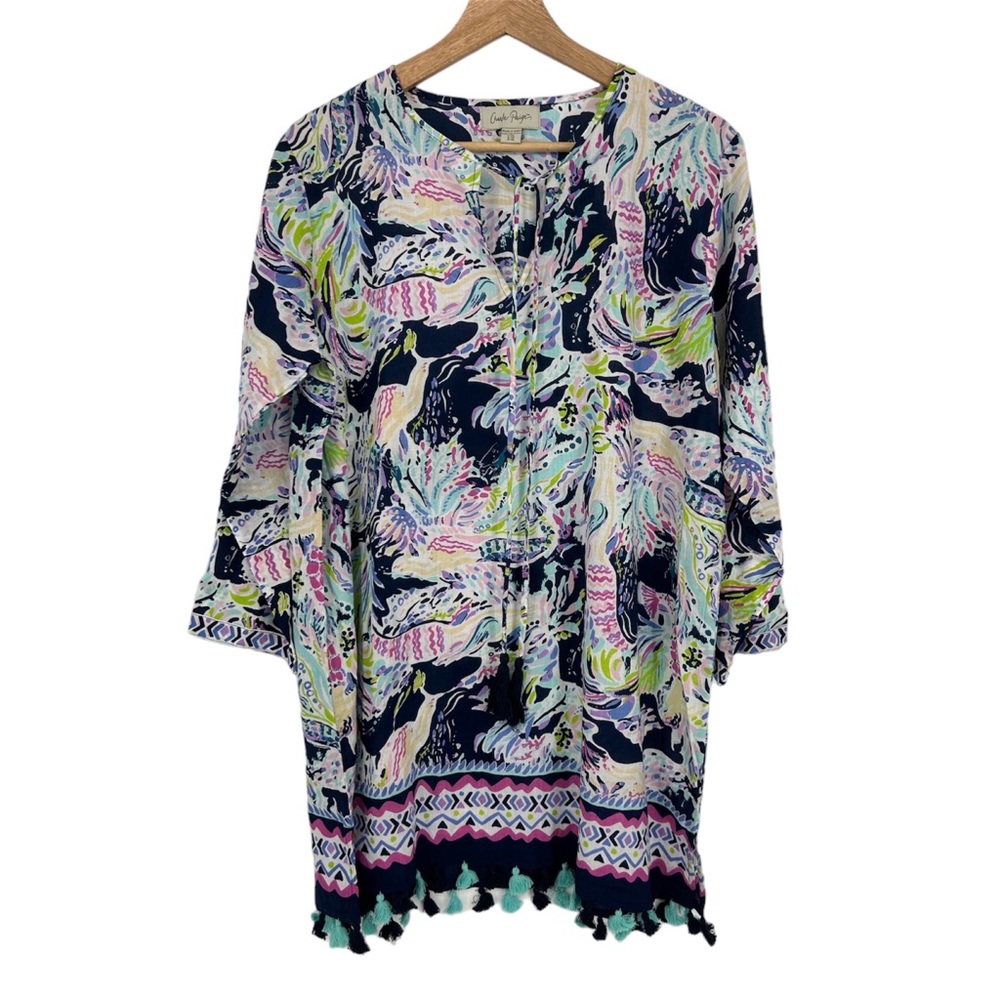 Charlie Paige Cotton Tropical Print Blue Pink Tunic Top
